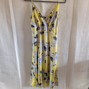 Planet By Lauren G Midi Slip Dress 100% Silk Size 6 Yellow Gray Wedding Guest